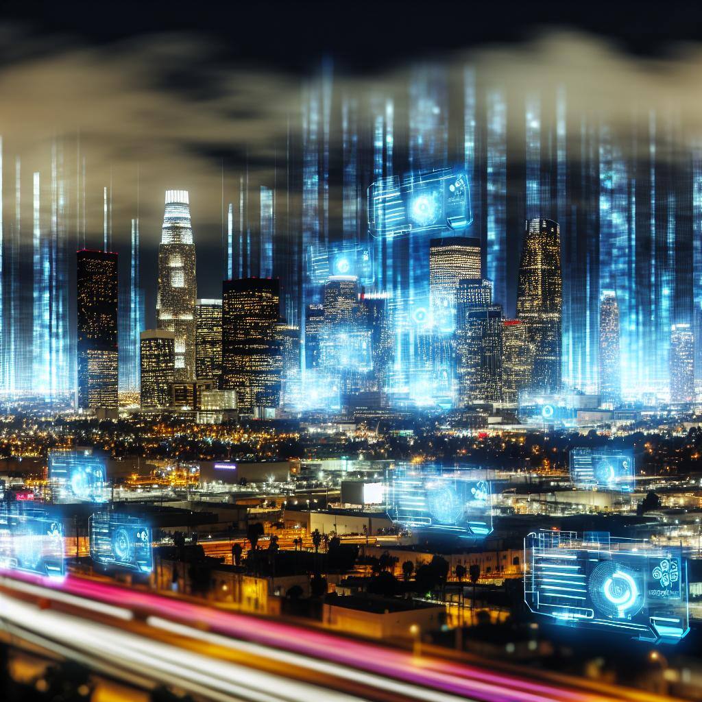 A futuristic cityscape with digital interfaces overlaying buildings, showcasing advanced technology and innovation.